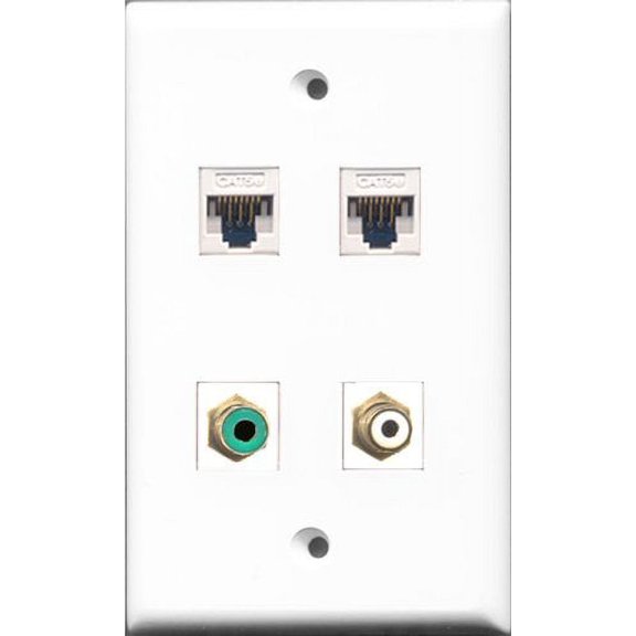 RiteAV - 1 Port RCA White and 1 Port RCA Green 2 Port Cat5e Ethernet White Wall Plate