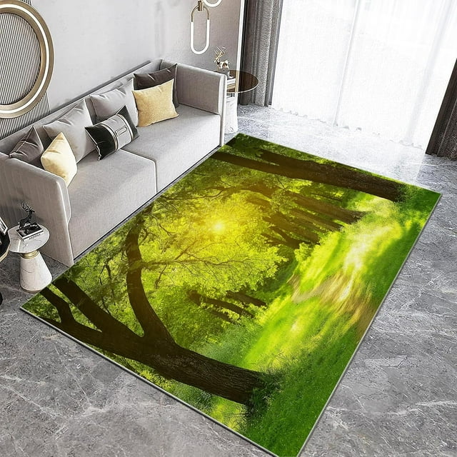 Area Rug for Living Room 7x8 ft Green Woods Path Washable Soft Area Rugs Non-Slip Stain Resistant Indoor Floor Low Pile Carpet, for Bedroom Dining Room Home Office