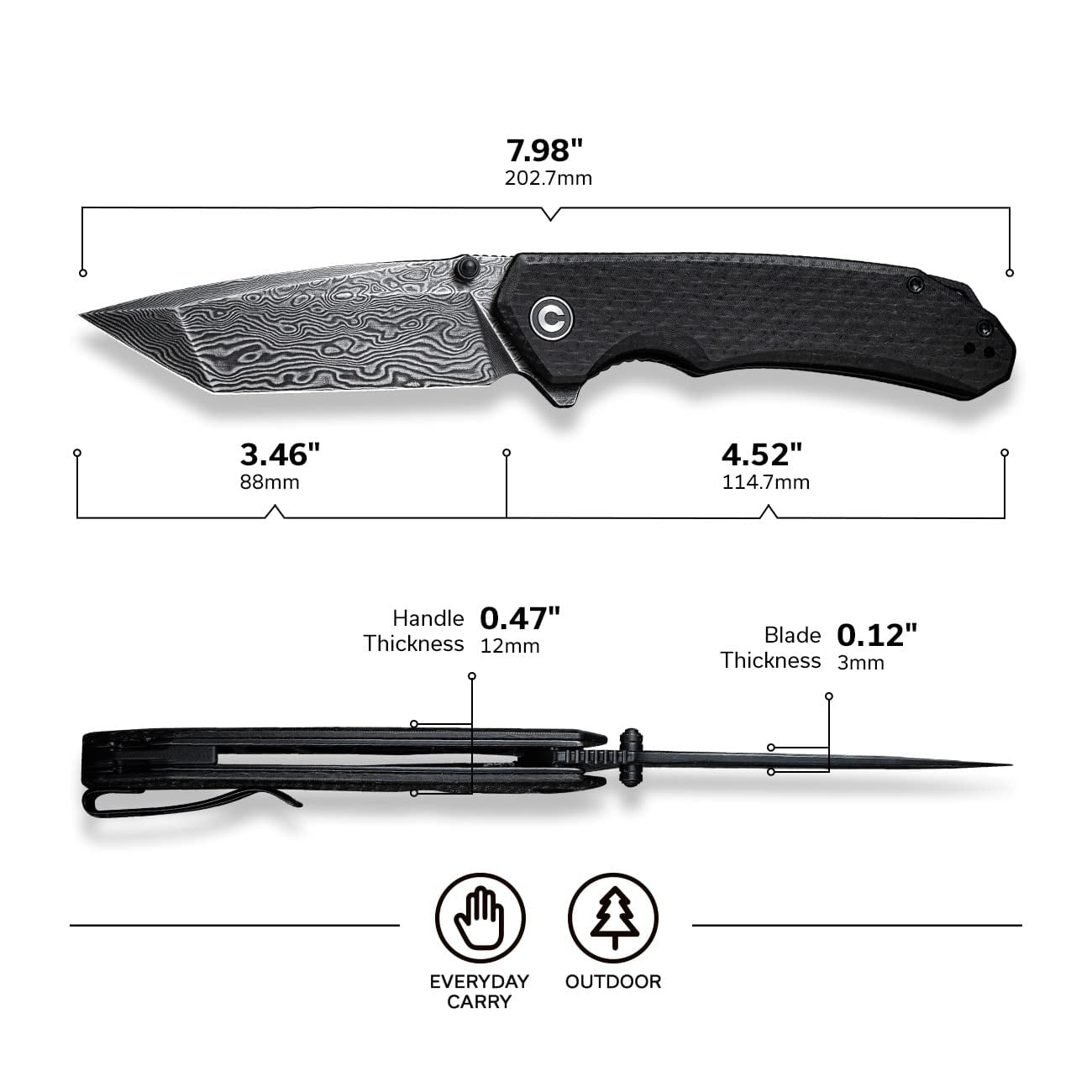 CIVIVI Brazen Pocket Knife with Clip Folding Knife 3.5 Inch Damascus Blade Black Micarta Handle C2023DS-1