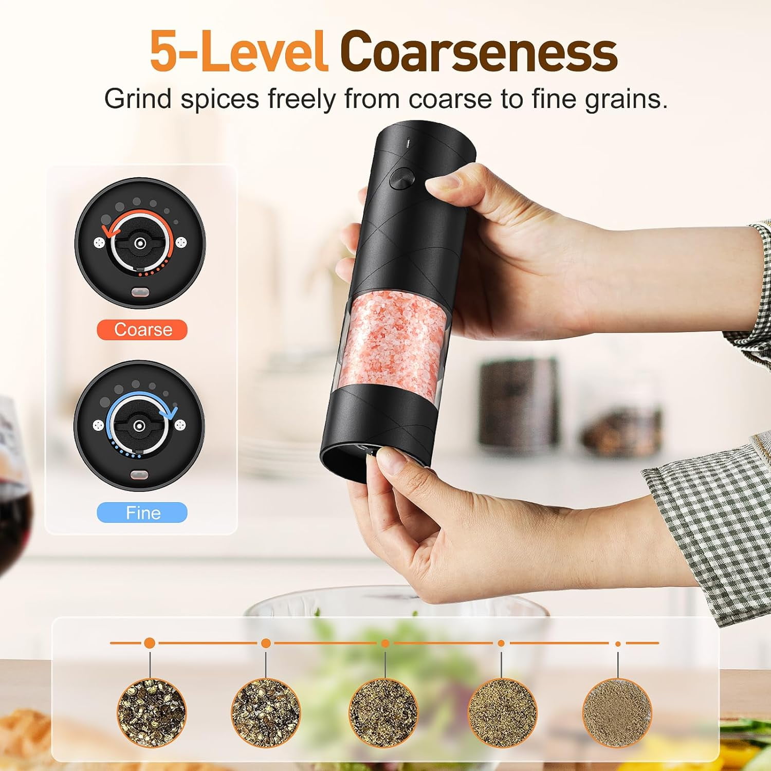 Electric Salt and Pepper Grinder Set, Rechargeable Automatic Pepper Mill Grinder with LED Light, Adjustable Coarseness shakers, One-Hand Operation for Kitchen(2 Pack, Upgrade Black+Black)