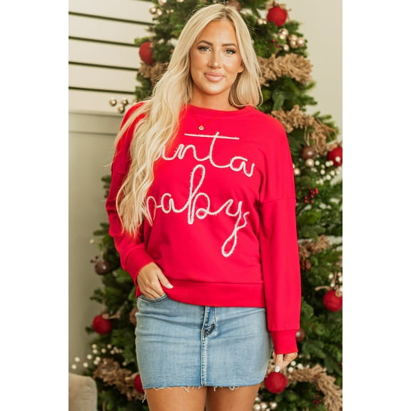 Plusashion Fiery Red Santa Baby Tinsel Oversized Sweatshirt - Holiday Cheer!