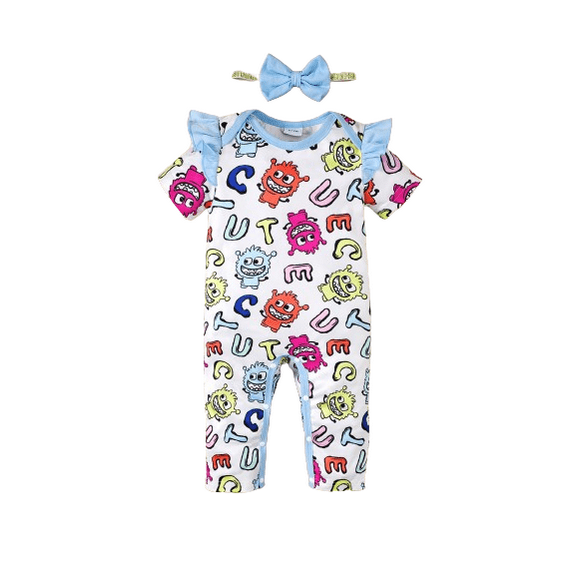 Mikrdoo Infant Baby Girls Summer Clothes Cute Monster Print Playsuits Ruffle Short Sleeve Bodysuits With Headband 2Pcs Romper Sets 12-18 Months Blue