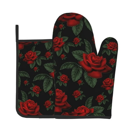

Lukts Roses Print Kitchen Heat-Resistant Gloves and Spacers 2pcs Set Suitable for Baking and Cooking