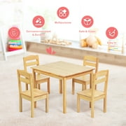 Gymax Kids 5 Piece Table Chair Set Pine Wood Children Play Room Furniture Natural