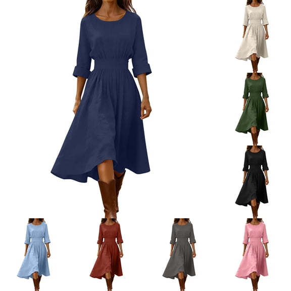 DYTTDG Women's Crew Neck Midi Dress | 3/4 Sleeve Cinched Waist A-Line Casual Swing Dress, Flowy Midi Length Day Dress