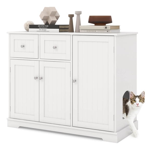 Costway Cat Litter Box Enclosure with 2 Drawers 3 Doors Anti-Toppling Devices Storage
