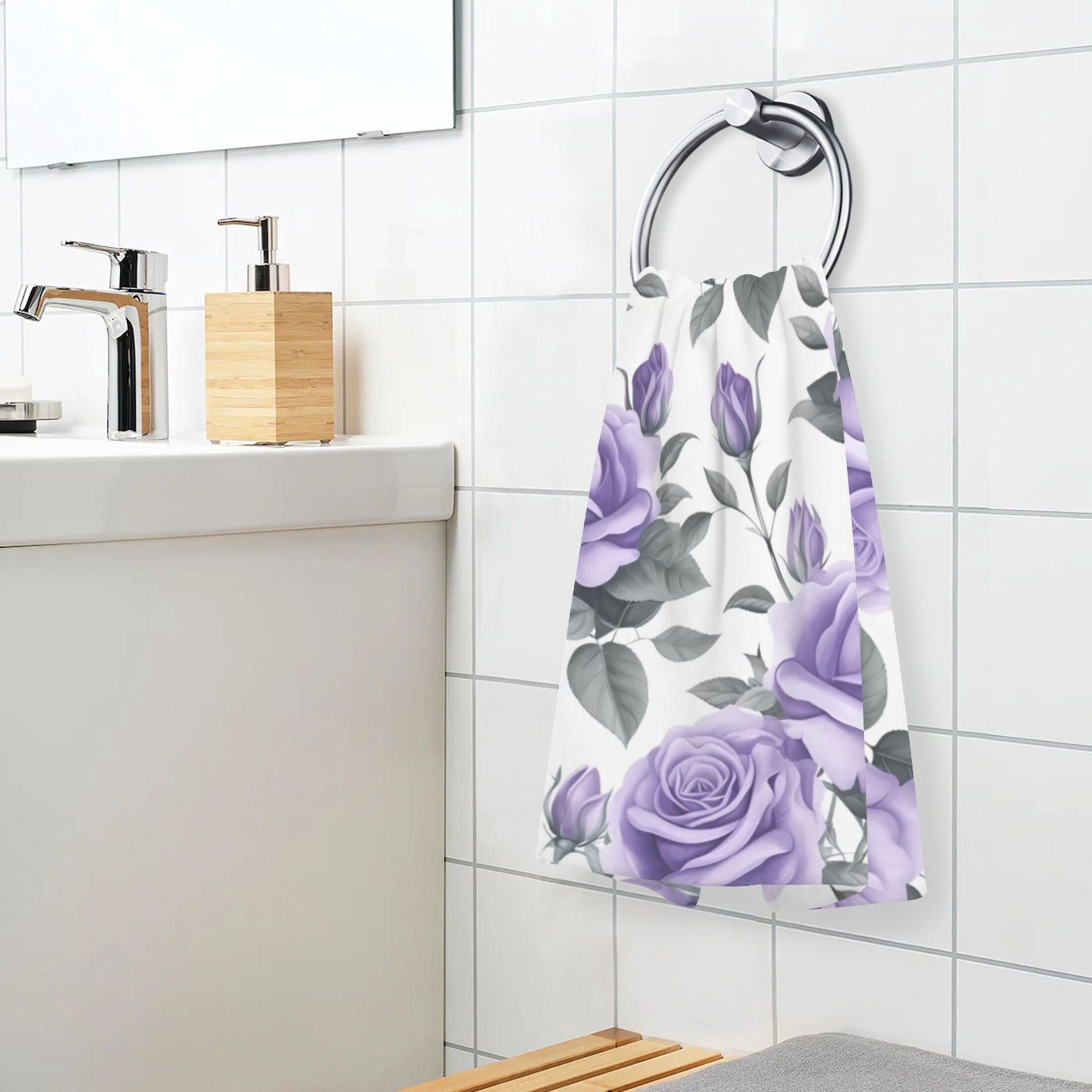 Rose Flowers Purple 2 PCs Cotton Hand Towels Absorbent Face Towel Soft Breathable Towel Set for Bathroom Kitchen Hotel Gym Decoration