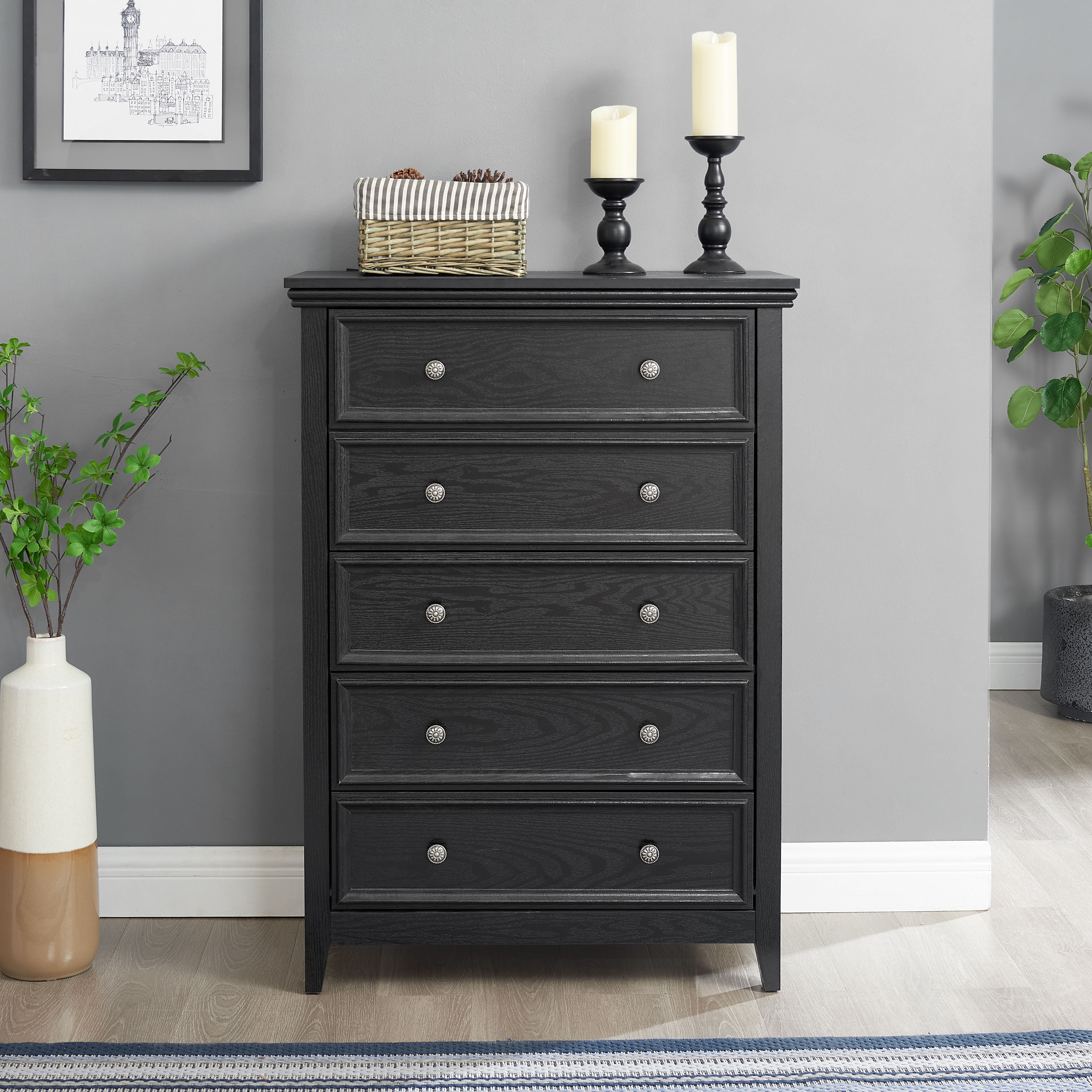 Modern Farmhouse 5 Drawer Dresser Chests, Dressers for Bedroom, Wood Rustic Tall Chest of Drawers Closet Organizer & Storage Clothes for Living Room, Hallway