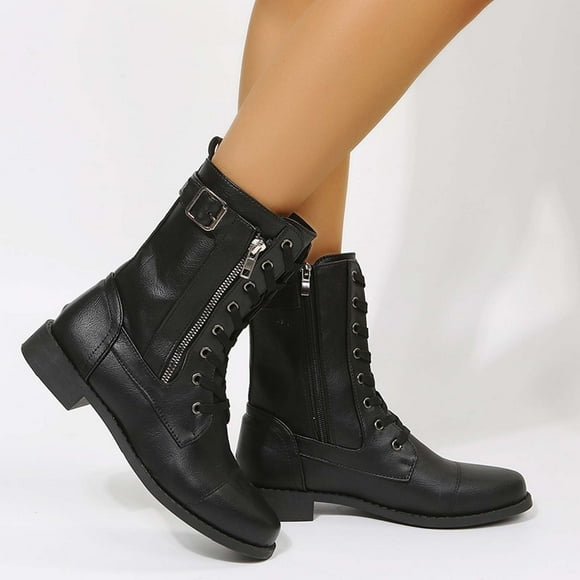 Juebong Boots on Clearance 2023 Women's Biker Boots Lace up Combat Riding Military Boot Mid Calf Motorcycle Fashion Festival Boots Combat Riding Military Boots for Women