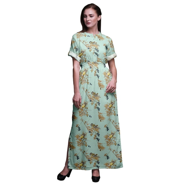 Bimba Robe Longue en Rayonne Noire Baie & Jaune Moineau pour Femmes Boho Plage Cocktail Fête Robe Fendue maxi-Grande