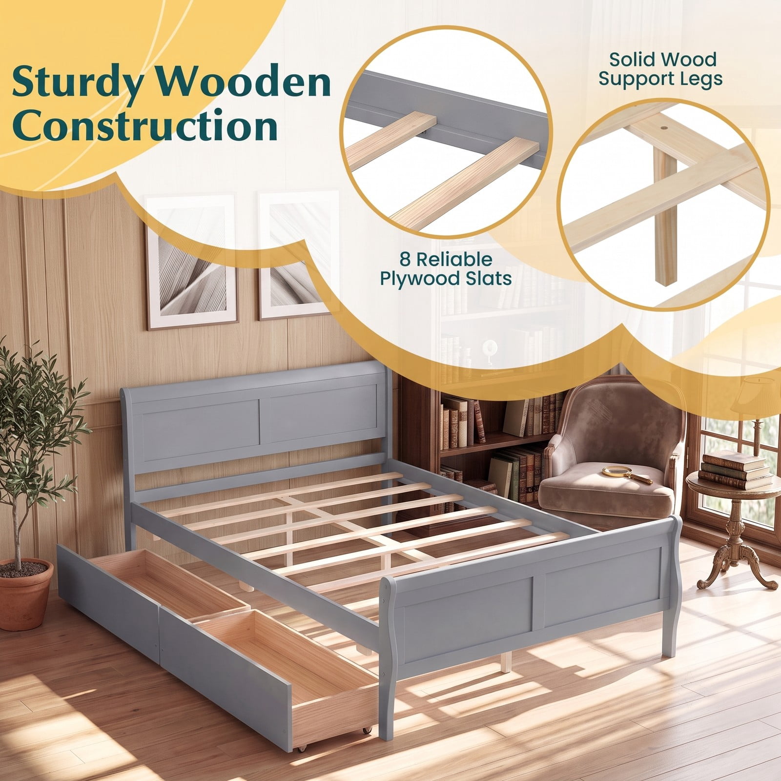 Furnibear Full Size Bed Frame with Storage, Wood Platform Bed with 2 Storage Drawers, Panel Headboard and Footboard, Gray
