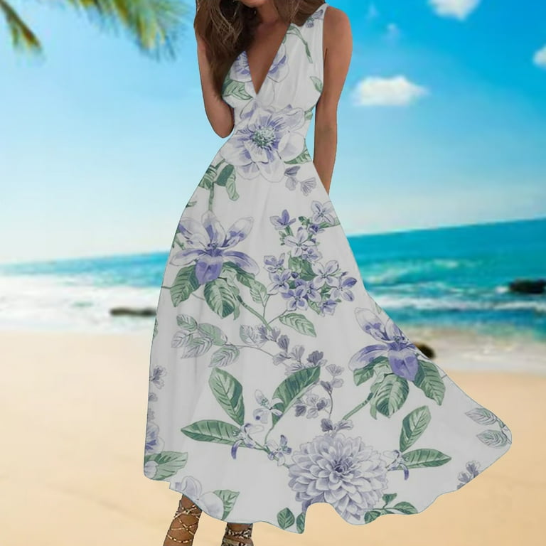 Clearance Sale Ukumplol Summer Dresses for Women 2024 Purple Dress for Woman Floral Dress for Women Beach Dress Swing Dress Polyester Purple 2Xl Walmart