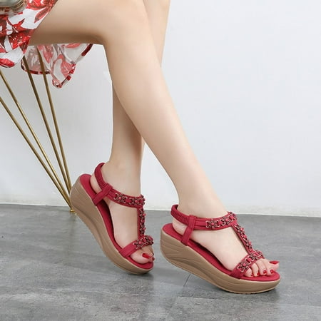 

YTJX Bohemia Women Ladies Wedges Sandals Beach Flops Flip Casual Shoes