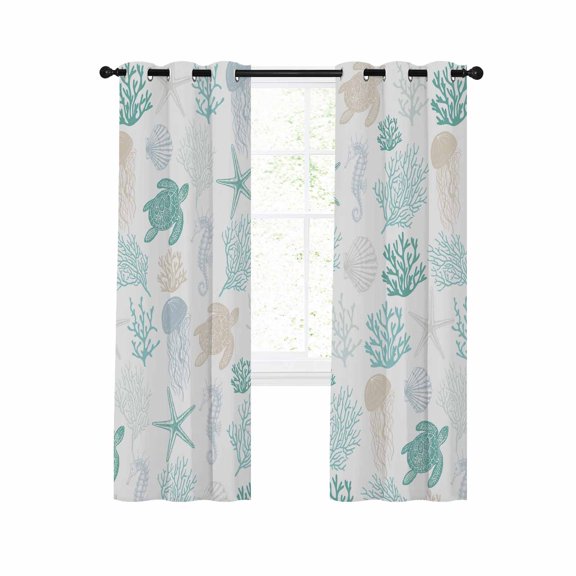 Teal Coastal Blackout Curtains 54 Inches Long for Bedroom, Nautical Summer Beach Coral Sea Turtle Thermal Insulated Room Darkening Black Out Window Curtain Panels Grommet Drapes for Living Room