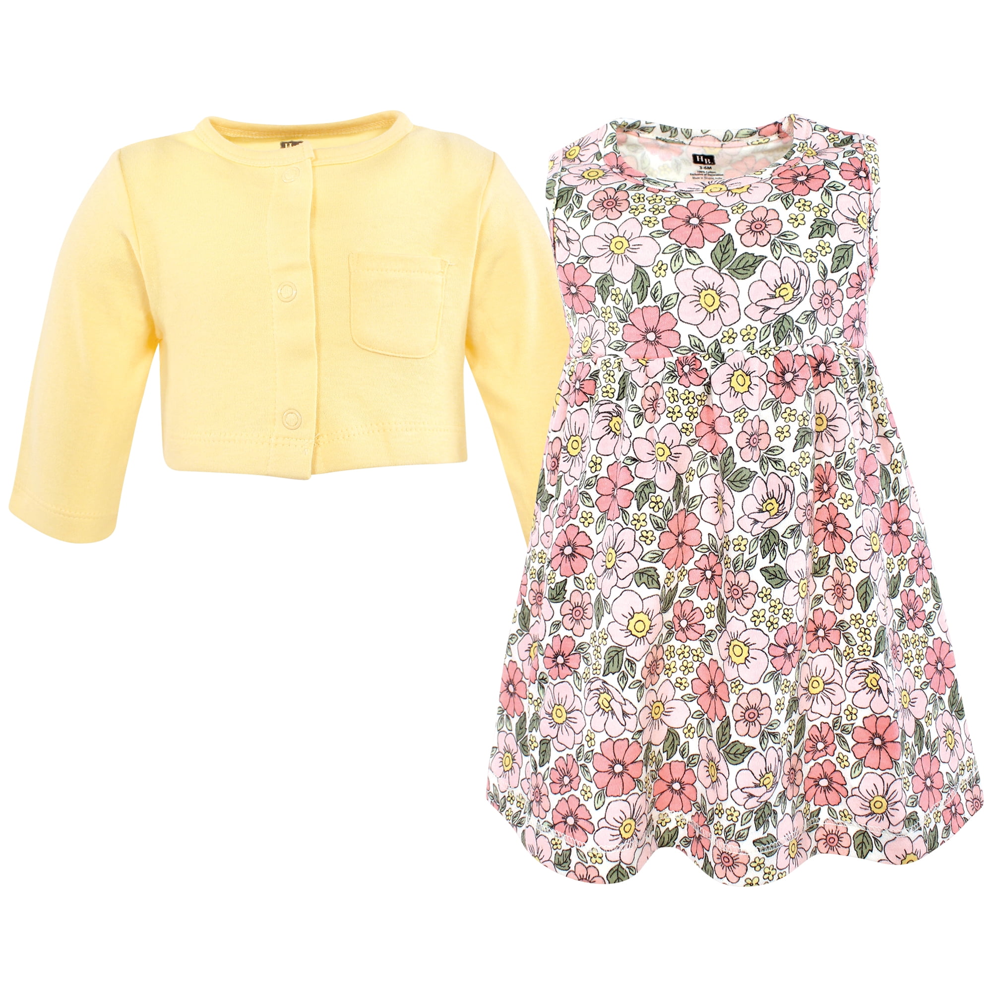 Hudson Baby Girls Cotton Dress and Cardigan Set, Pink Yellow Pretty Floral, 3-6 Months