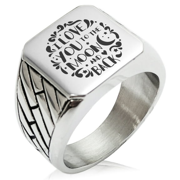 Stainless Steel I Love You to the Moon and Back Geometric Pattern Biker Style Polished Ring