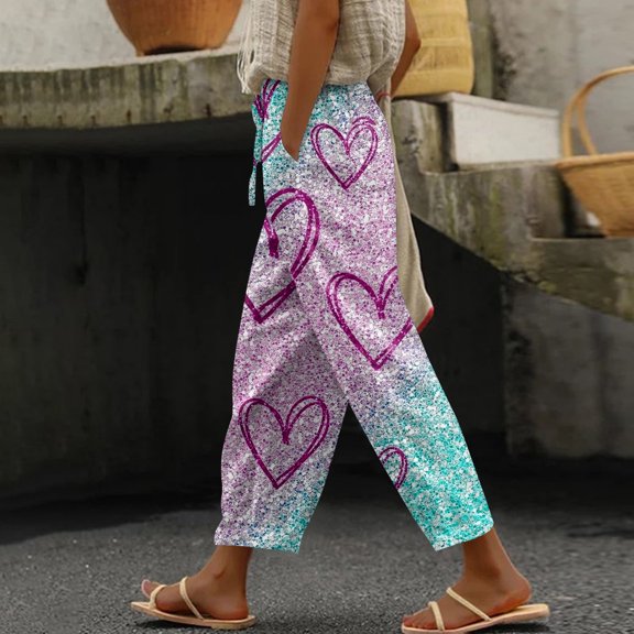 Kixjoy Lounge Pants Women Linen Drawstring Wide Leg Capris Pant Elastic Waisted Valentine's Baggy Linen Pant Cozy Trendy Summer Trousers Pants, Purple Pink XL