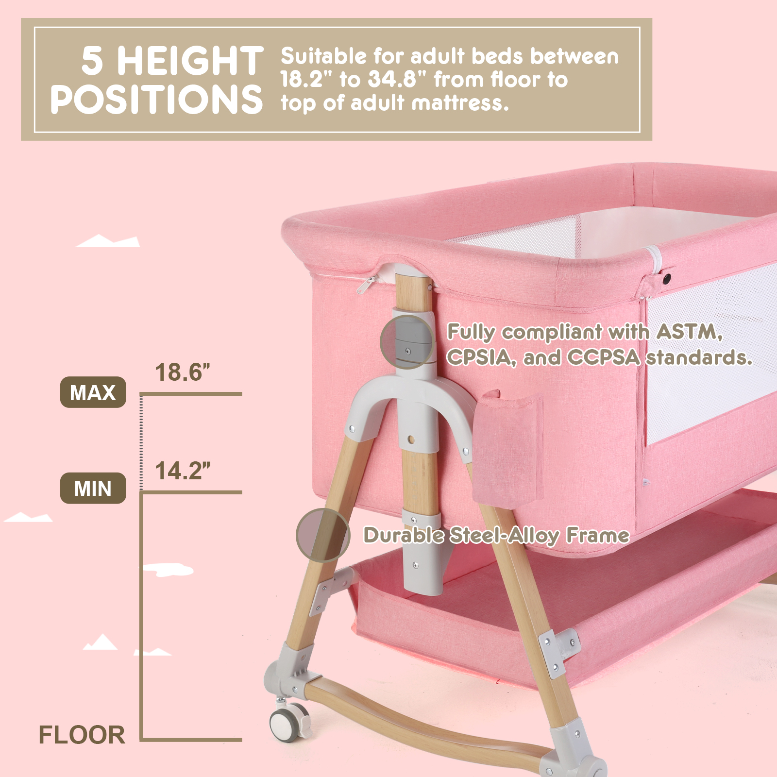 HARPPA 4 in 1 Baby Bassinet Bedside Sleeper, Height Adjustable, Easy Folding, Pink - image 5 of 8