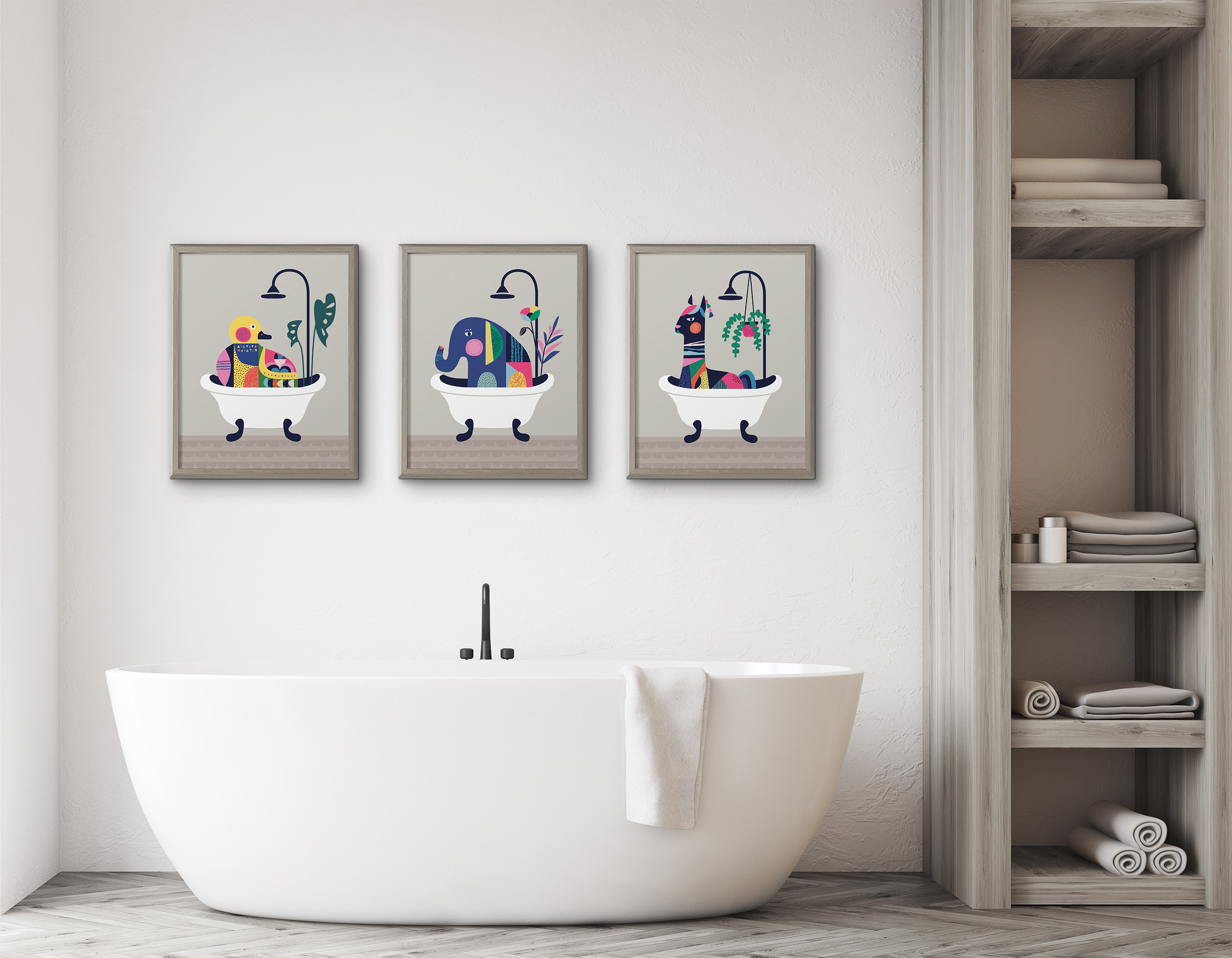 Kate and Laurel Blake Mid Century Modern Elephant in the Tub Framed Printed Glass Wall Art by Rachel Lee of My Dream Wall, 16x20 Gray, Animal Art for Wall
