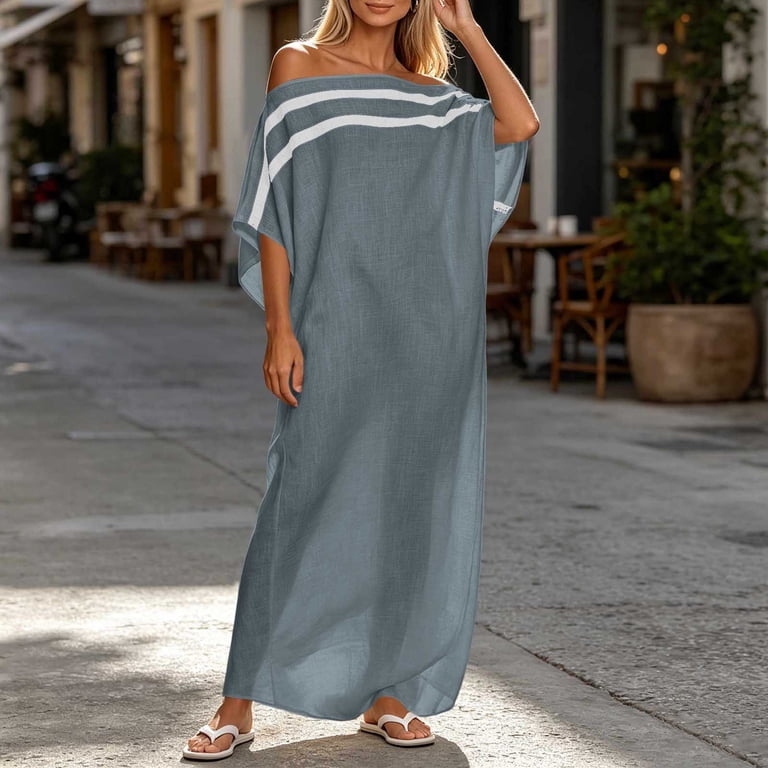 off the shoulder striped maxi dress Hinvhai Women's off Shoulder Striped Maxi Dress, Short Sleeve Loose Casual Solid Vacation Long Dress with Stripe Neck Trim Light Blue Xl(xl)