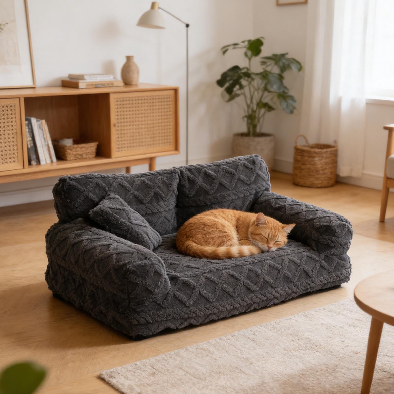 Orthopedic Pet Sofa Bed Removable Washable Plush Cushion Supportive Calming Sleeping Couch for Small Medium Dog Cat Indoor Rest Black - S