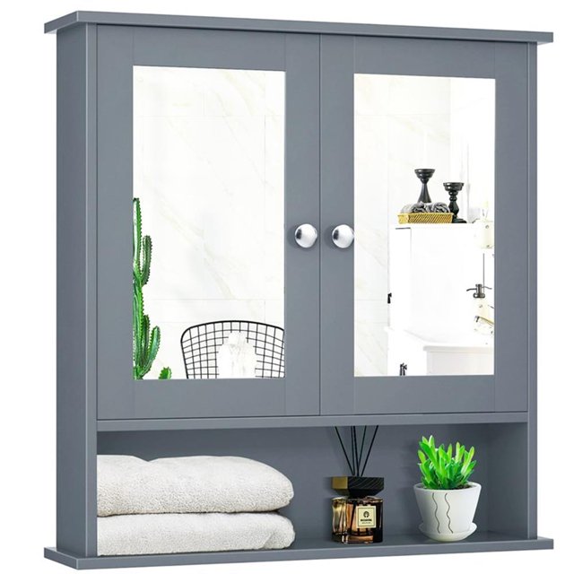 Pemberly Row Armoire de Rangement pour Salle de Bain à Double Porte Miroir Gris