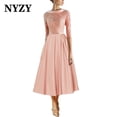 thumbnail image 3 of NYZY M345 elegante satén escote tazón hasta el té vestidos de noche color champán 2025 vestidos de fiesta de boda de cumpleaños, 3 of 5