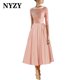 thumbnail image 3 of NYZY M345 elegante satén escote tazón hasta el té vestidos de noche color champán 2025 vestidos de fiesta de boda de cumpleaños, 3 of 5