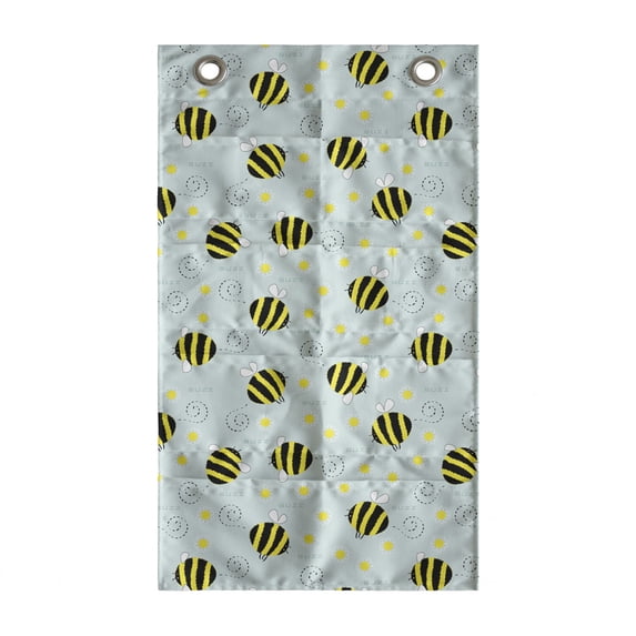 Queen Bee Hanging Pocket Organizer, Repeating Hand Drawn Flying Bees and Flowers, Printed Polyester Storage Bag with Pockets, 21" x 31", Pale Blue Yellow