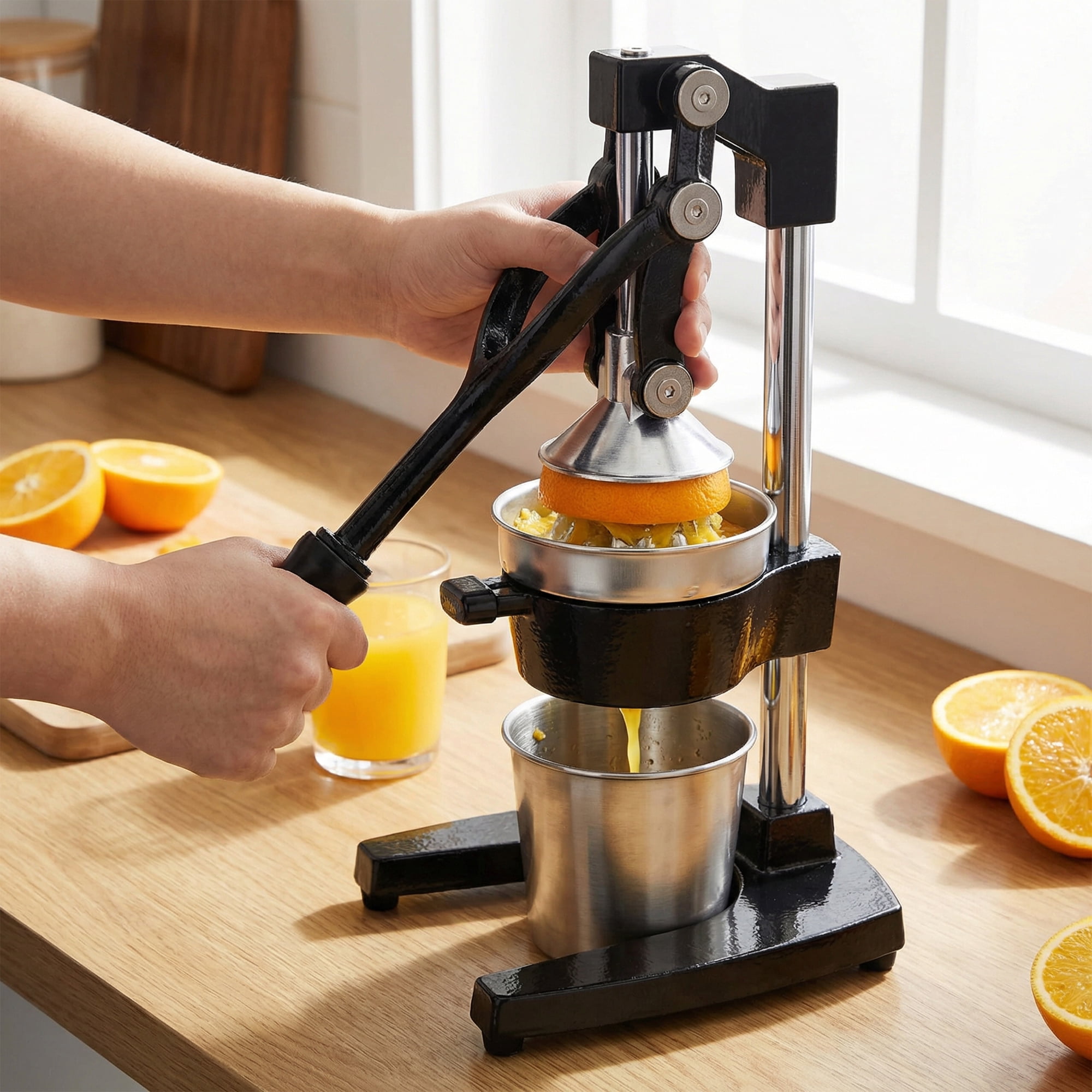 Leumius Manual Citrus Juicer,Extra-Large Countertop Squeezer, Easy Juicing, Easy Clean Stainless Steel & Cast Iron,Non-Slip Base,Black
