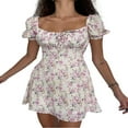 thumbnail image 1 of Women Floral Puff Sleeve Mini Dress Drawstring Ruched Square Neck A Line Summer Short Dress, 1 of 3