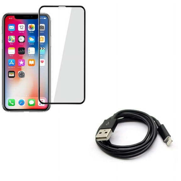 iPhone XS/X - Charger Cord USB Cable w Tempered Glass Screen Protector - Power Wire Sync Fast Charge Data High Speed, 5D Touch Curved Edge Full Cover Bubble Free Case Friendly 9H Hardness