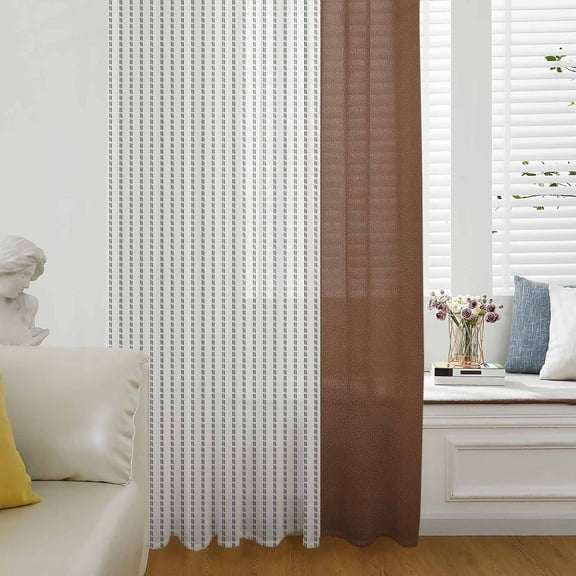 Boho Brown Leather Texture Semi Sheer Curtains Drapes for Living Room, Bedroom, French Doors Window 96 Inches Long, Modern Black Striped Rod Pocket Chiffon Curtain Drapery Voile Draperies Panel