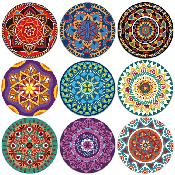 9Pcs Coasters for Drinks Mandala Variant Coasters Boho Flower Wood Drink Coaster Coffee Cup Mat 3.9inch Diameter 5mm Thick