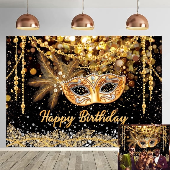 7x5FT Mardi Gras Birthday Backdrop Black and Gold Glitter Birthday Background Masquerade Gold Feathers Photography Background Retro Women Dress-up Party Mask Party Decorations