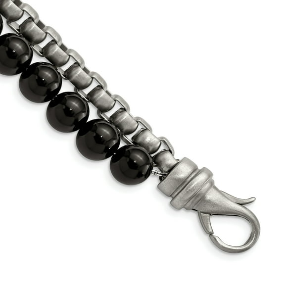 Primal Steel Stainless Steel Brushed Box Chain and Black Onyx 2 Strand 8.5 Inch Bracelet