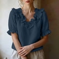 thumbnail image 6 of Yrmaups Loose Fit Short Sleeve T Shirt for Women, Casual V Neck Ruffle Blouse, Soft Stretch Everyday Tee for Beach Travel Office Daily Wear, Navy M, 6 of 9