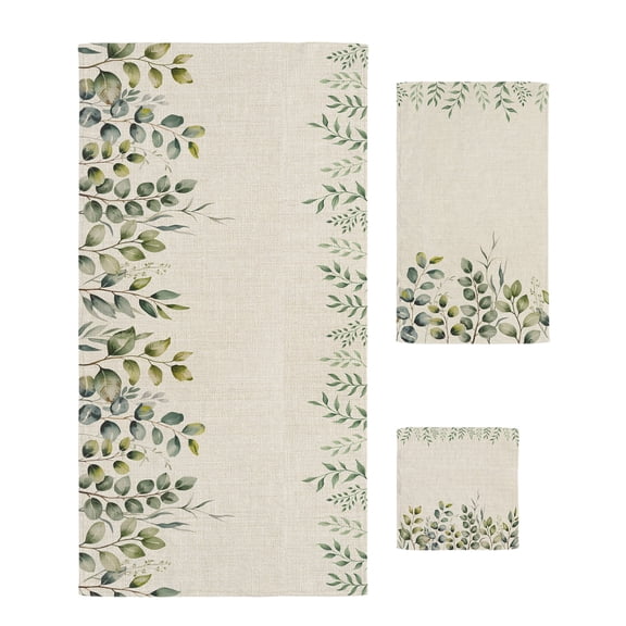Eucalyptus Towel Set of 3, Soft Microfiber Bath Towels, Hand Towel, Washcloths, Sage Green Farmhouse Leaf Pastoral Plant Quick-Dry Absorbent Towels for Bathroom Kitchen Hotel Beach Gym Spa