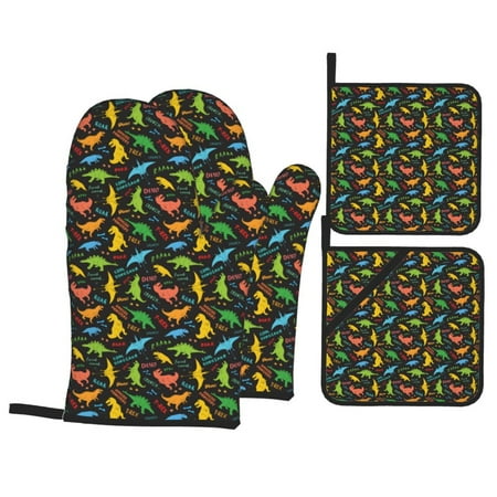 

Oven Mitts and Pot Holders 4 pcs Set Cartoon Dino Heat Resistant Pot Holders Oven Mitts for kitchen Non-Slip Hanging Loop Oven Glove Potholders for Baking Cooking