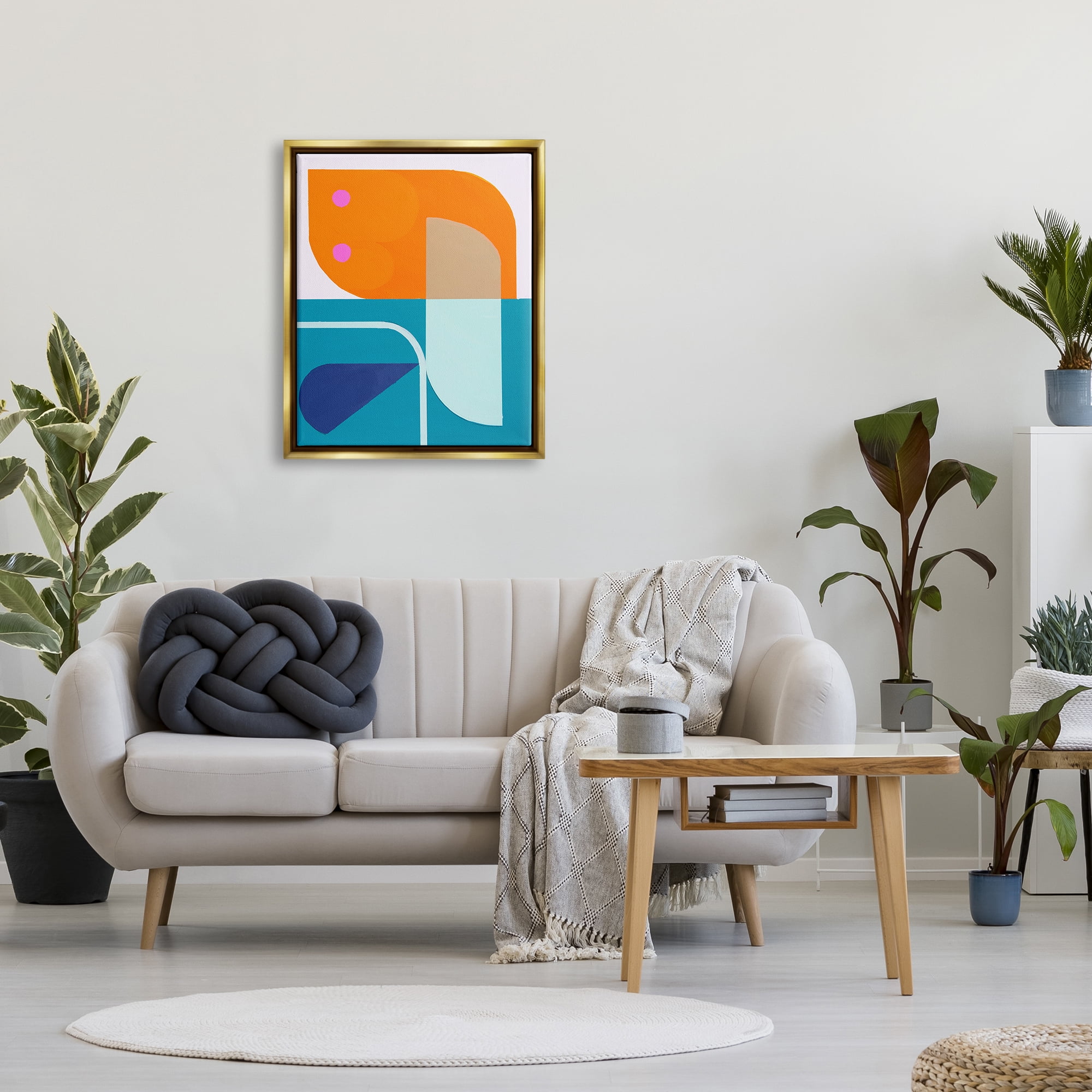 Stupell Industries Orange & Blue Contemporary Abstract Painting Gold Floater Framed Canvas Art Print Wall Art, 25 x 31