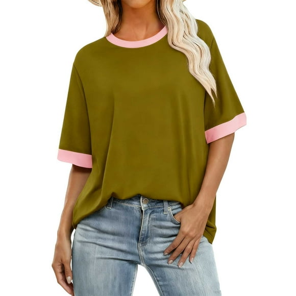 COM1950s Plus Size Clothes, Women's Plus Size Round Neck Short Sleeve T-Shirt, Patchwork Color Spring/Summer Base Layer, Plus Size Women's Clothes, Girls Plus Size Clothes