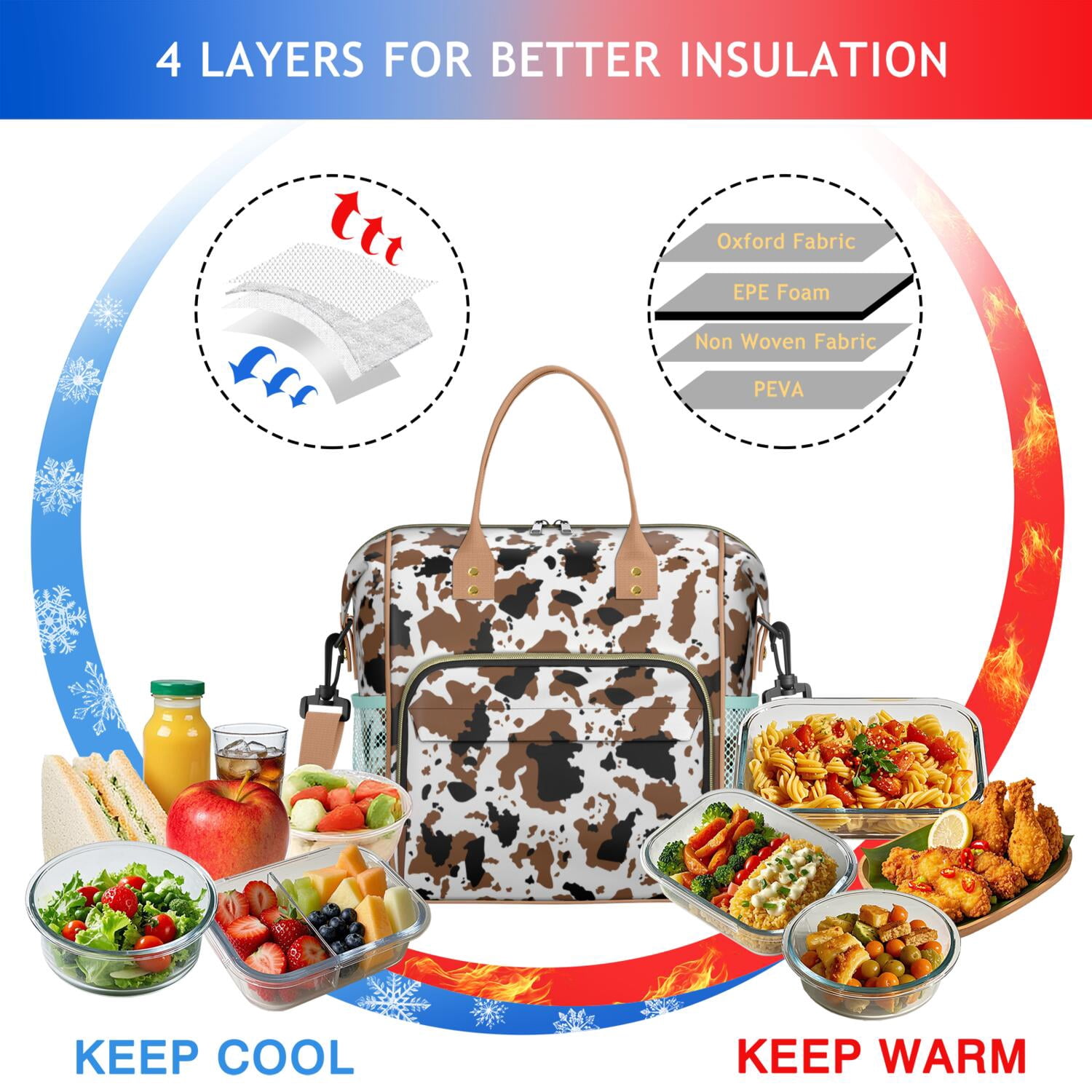 Buffalo Cow Design Insulated Lunch Bag – Large Reusable Lunch Box with Artistic Farm Animal Print Leakproof Waterproof Cooler Tote with Dual Compartments for Country-Themed Office or Picnic Use