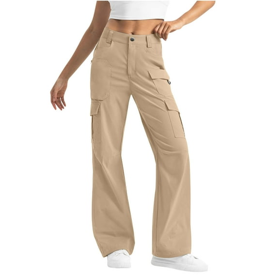 pstuiky Women's Casual Pants, Solid Color Casual Long Trousers with Pockets Comfy Women Pant Khaki L