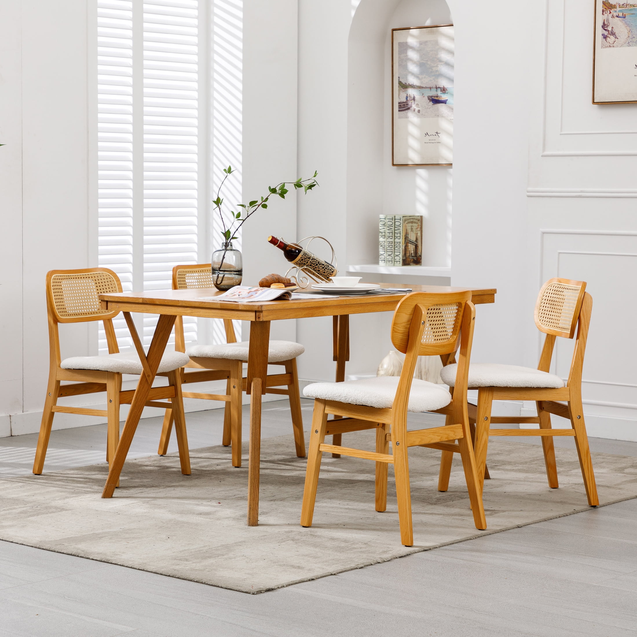 Guyou Rattan Dining Chairs Set of 4, Farmhouse Natural Wooden Dining Side Chairs, Mid Century Modern Sherpa Upholstered Kitchen Chairs with Cane Back for Dining Room Kitchen Living Room, Beige