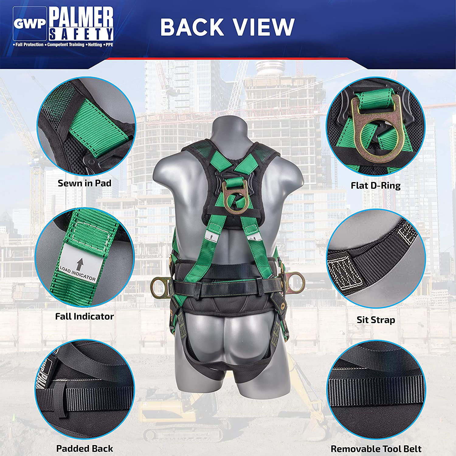 A10.32-2012 and Fall Indicators Meets or Exceeds ANSI Z359.11-2014 Green -2XL Palmer Safety Full Body Harness with 5 Point Adjustment Back D-Ring Grommet Legs