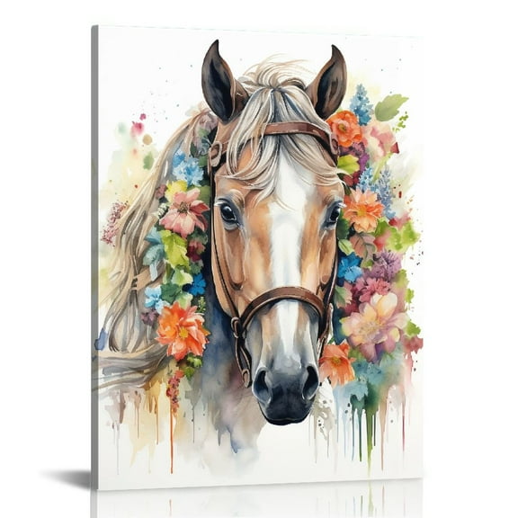 JEUXUS  Canvas Wall Art Decor Colorful Animal Canvas Pictures Horse Wearing a Garland Paintings Poster Modern Framed Artwork for Bedroom Nursery Kids Room Office Wall Decoration 12x16 in