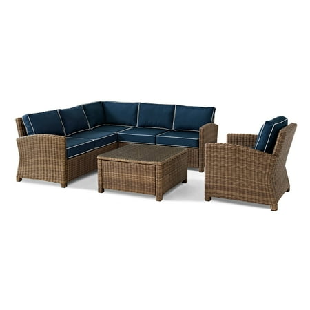 Crosley Furniture Bradenton 5-Piece Outdoor Wicker Seating Set with Navy Cushions - Right Corner Loveseat, Left Corner Loveseat, Corner Chair, Arm Chair, Sectional Glass Top Coffee Table