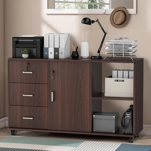 Archivero Organizador Grande, 3 Cajones y 1 Gabinete y 2 Estantes de Almacenamiento Abiertos, Mueble para Impresora Engrosado con Llave y Ruedas, Archivero Tamaño para Oficio, Marrón