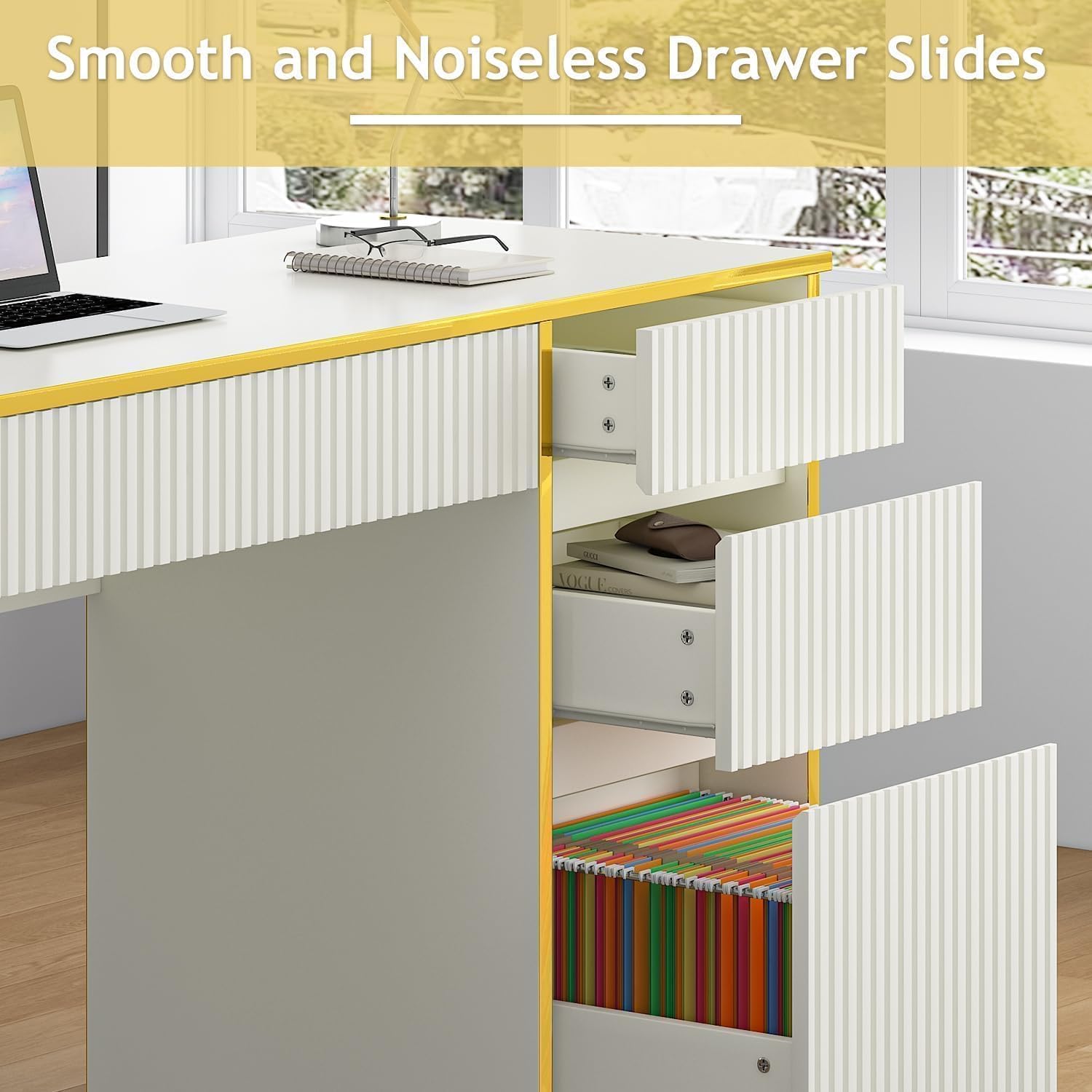 DreamCurship 58 inch Executive Desk with Drawers, Computer Desk with 7 Drawers, Home Office Desk for Work Study Writing, White and Gold