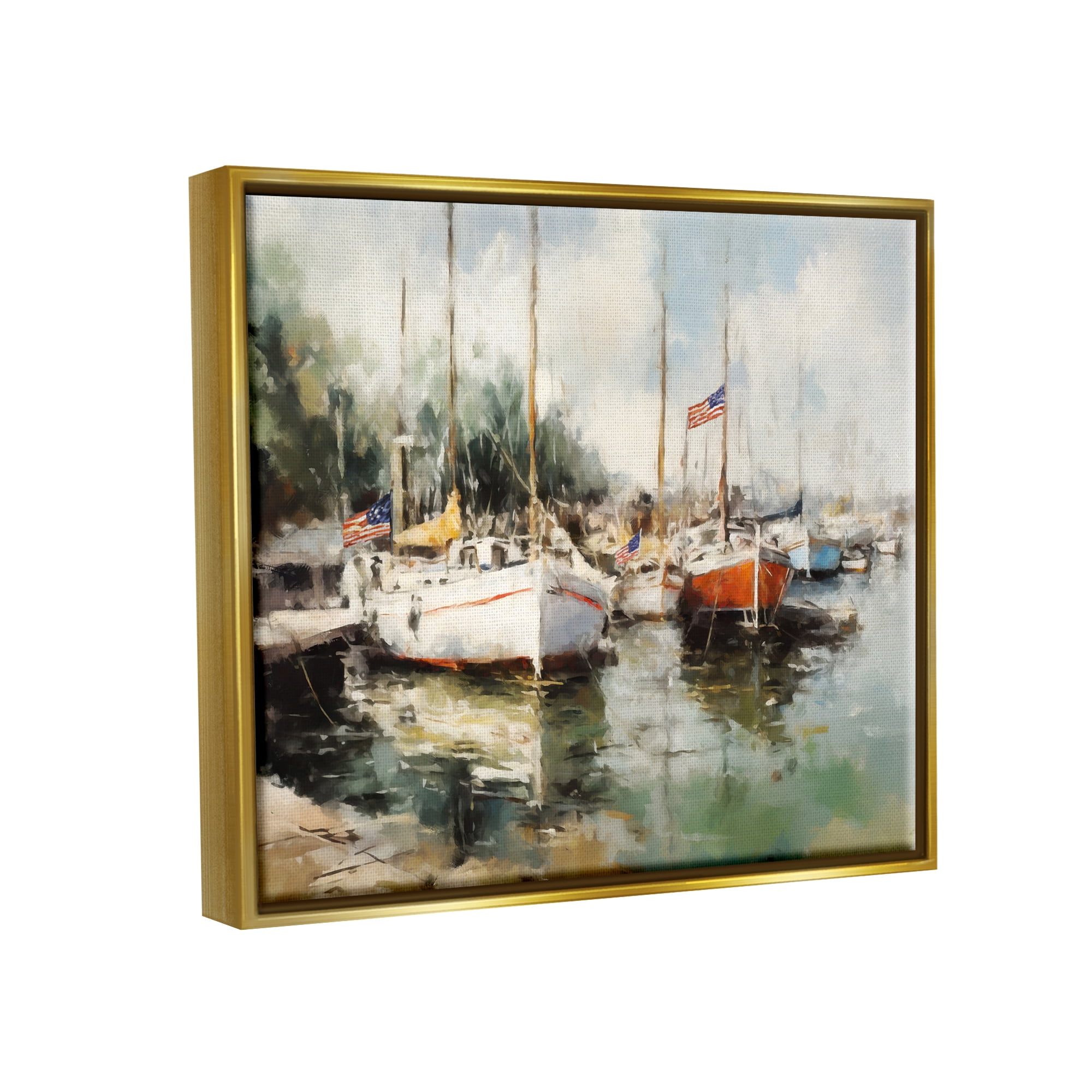 Stupell Industries Americana Boat Harbor Transportation Painting Gold Floater Framed Canvas Art Print Wall Art, 21 x 17